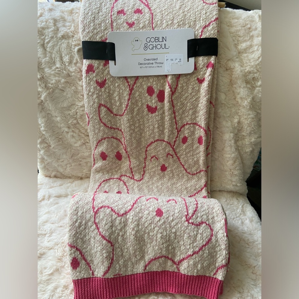 Pink and Off White Viral Knit Ghost Blanket Throw